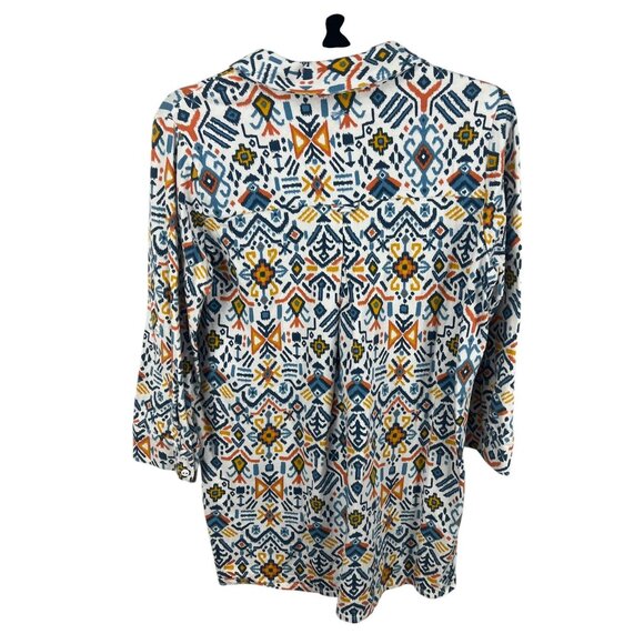 Tyler Boe Aztec Print Button Up Blouse M Multicolor Cotton Blend 3/4 Sleeve Boho - Picture 2 of 6